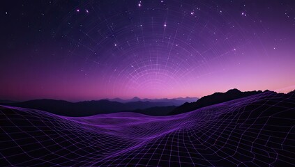 Mystical, digital landscape at twilight.  Abstract, futuristic, wireframe terrain merges with a starry night sky, highlighted by a glowing purple-pink orb in the center
