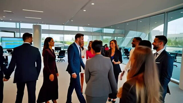 a diverse group of business professionals engaged in conversation inside a bright, modern office building