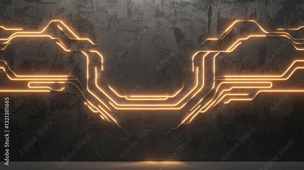 Poster textured wall with glowing neon circuit lines with empty center area for mock up background wallpape