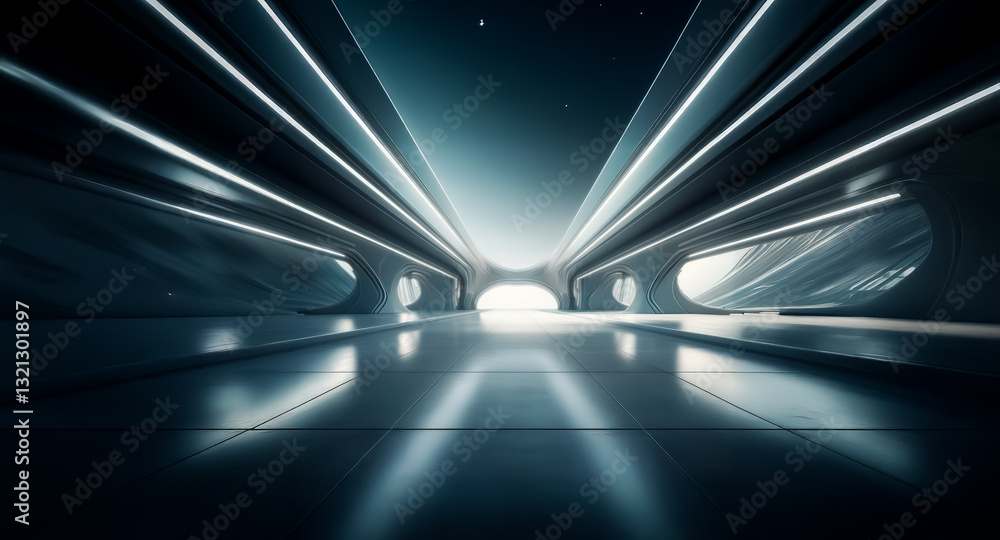 Poster sleek futuristic corridor with bright white lights illuminating the shiny floor. a tunnel-like passa
