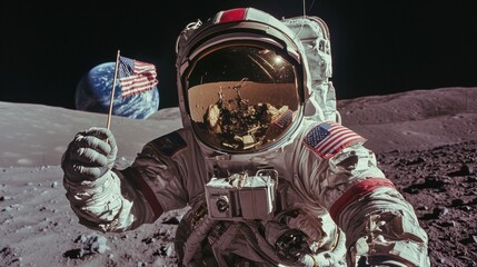 Astronaut on the surface of the moon, holding an american flag in his right hand. the astronaut is wearing a white spacesuit with red stripes and a helmet with a visor.