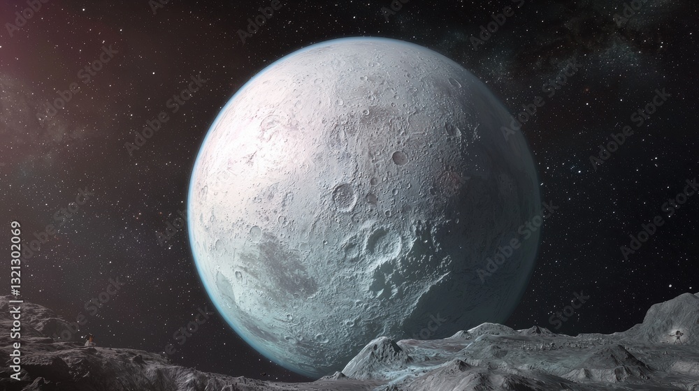 Poster digital illustration of a large, icy planet in outer space. the planet appears to be a pale blue col