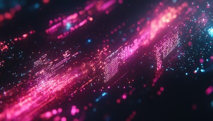 Abstract digital data stream.  Dynamic streams of light and particles, creating a sense of speed and movement.  A network of glowing,  coded information flows across a dark background