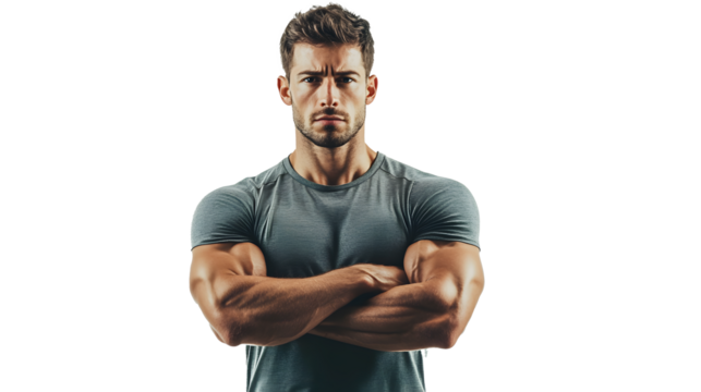 Confident man with muscular build posing in a grey t-shirt with his arms crossed over his chest.