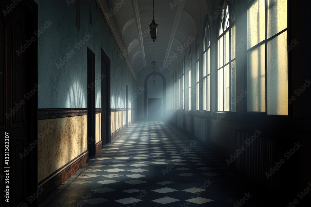 Poster a hallway with a checkered floor and a light hanging from the ceiling, perfect for interior design o