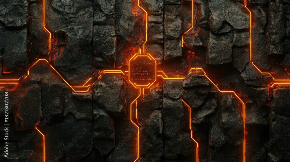 Poster textured stone wall with glowing neon circuit lines etched into its surface background wallpaper ai 