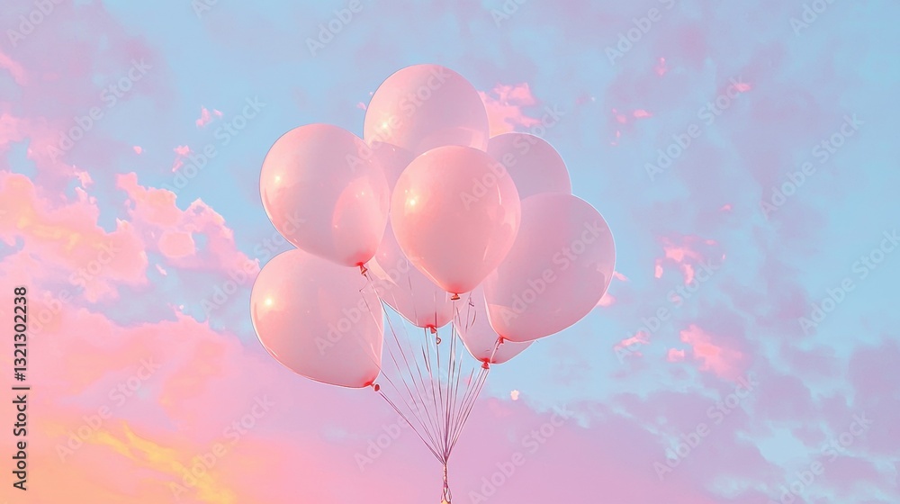 Poster bunch of pink balloons floating in the sky. the balloons are inflated and appear to be floating in a