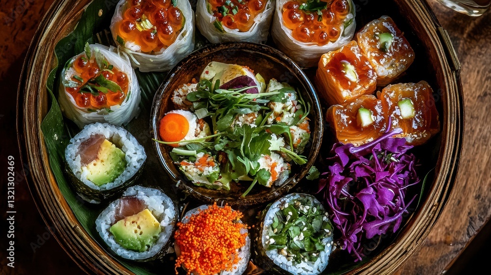 Poster close-up of a plate of sushi rolls. the plate is made of bamboo and is placed on a wooden table. the