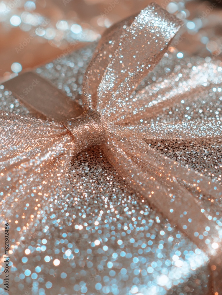 Poster close-up of a gift box with a ribbon tied in a bow. the ribbon is made of a shiny, metallic material