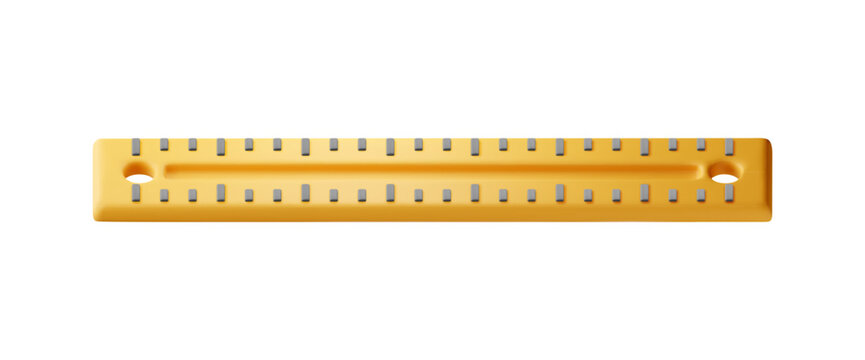 3D plastic measuring ruler isolated on white. Render yellow ruler for education and work. Stationery and office supply. Engineering tool. Vector illustration