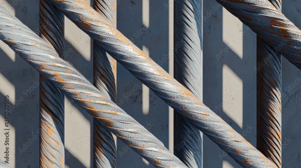 Poster close-up of a group of twisted metal rods or cables. the rods are arranged in a diagonal pattern, wi