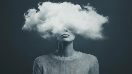 A surreal image of a floating cloud over a headless woman. 