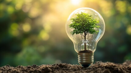 A tree growing inside a lightbulb, illustrating eco-friendly innovation. 