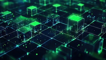 Abstract digital network of interconnected cubes.  Intricate glowing green and dark green lines and shapes.  Futuristic, data-driven graphic