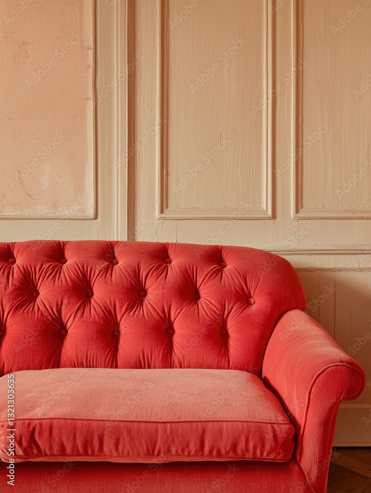 Poster red sofa against a beige wall. the sofa has a tufted backrest with a buttoned design. the fabric app