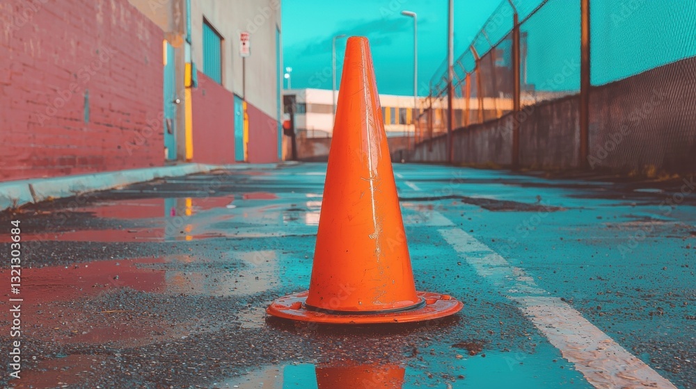 Aufkleber orange traffic cone on the side of a road. the traffic cone is in the center of the image and is pos