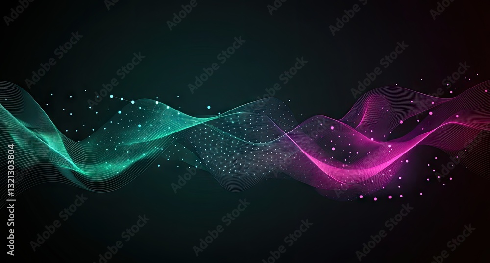 Wall mural abstract wave patterns of teal and magenta colors with dotted effects on a dark background