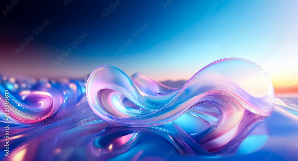 Poster abstract iridescent shapes flow on a reflective surface against a gradient sky. soft, dreamy, and vi