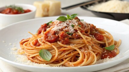 A delicious plate of spaghetti topped with tomato sauce, cheese, and fresh basil, served alongside grated cheese and a small bowl of sauce.