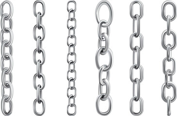 This 3d features multiple styles of metallic chains presented in a clear layout. Each chain has a distinct link design, suitable for various creative applications.