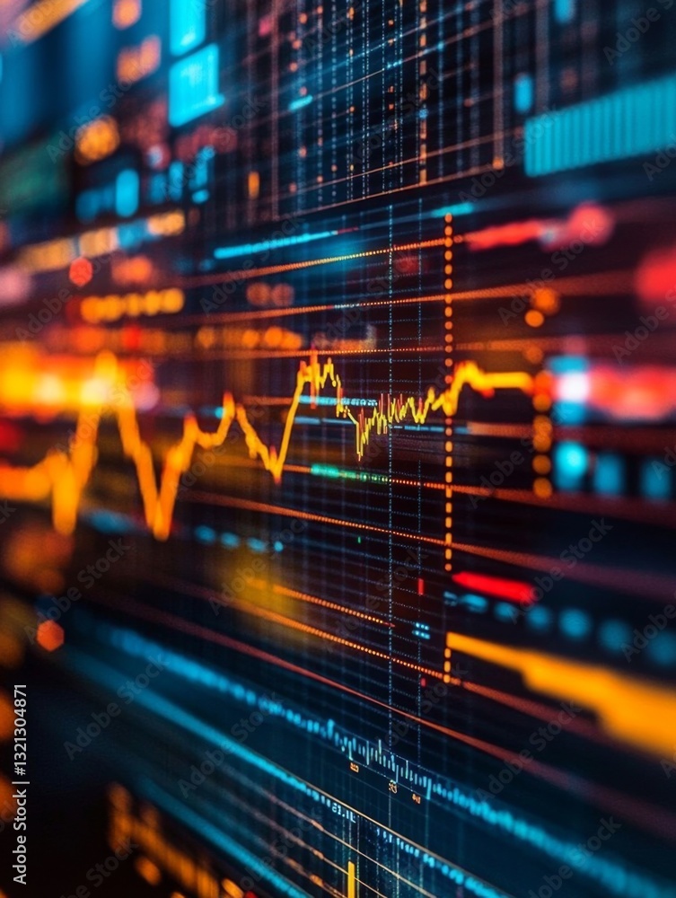 Poster futuristic close-up of colorful graphs on computer screen with cityscape background - technology and