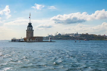 Fototapeta premium Istanbul background photo. Maiden's Tower with cityscape of Istanbul