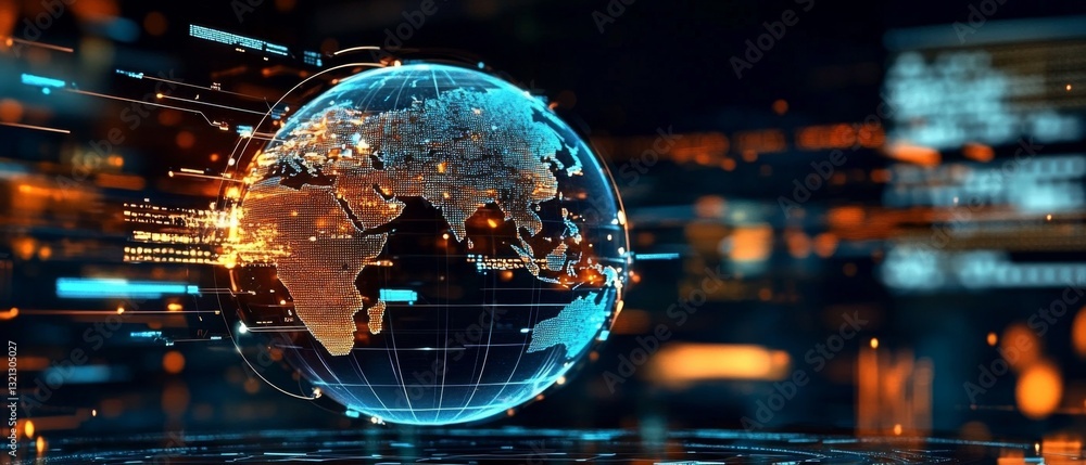 Poster globe surrounded by colorful lines and dots on dark cityscape background, futuristic and technologic