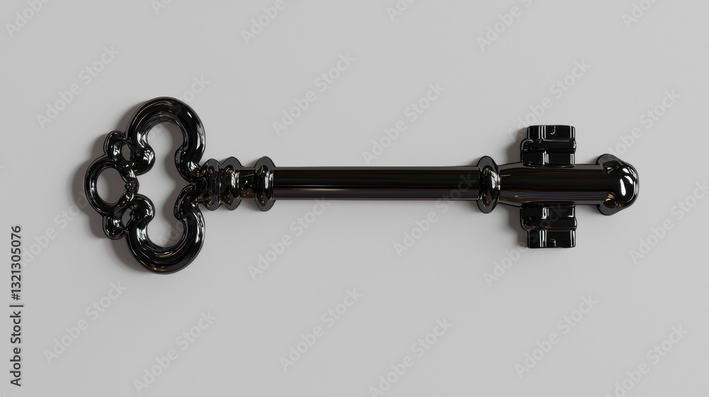 Poster 3d rendering of a black skeleton key. the key is made of metal and has a long, slender body with a r