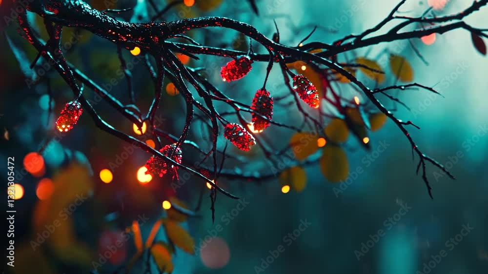 Poster glowing red ornaments on branches in a misty forest at twilight with soft bokeh background