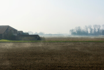 Fototapeta premium foggy landscape alon the Ticino river during a winter morning, Pavia