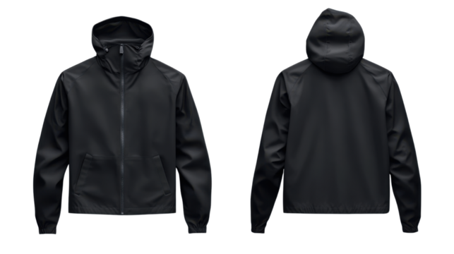 black windbreaker mock up front and back view isolated on white backgrounfd
