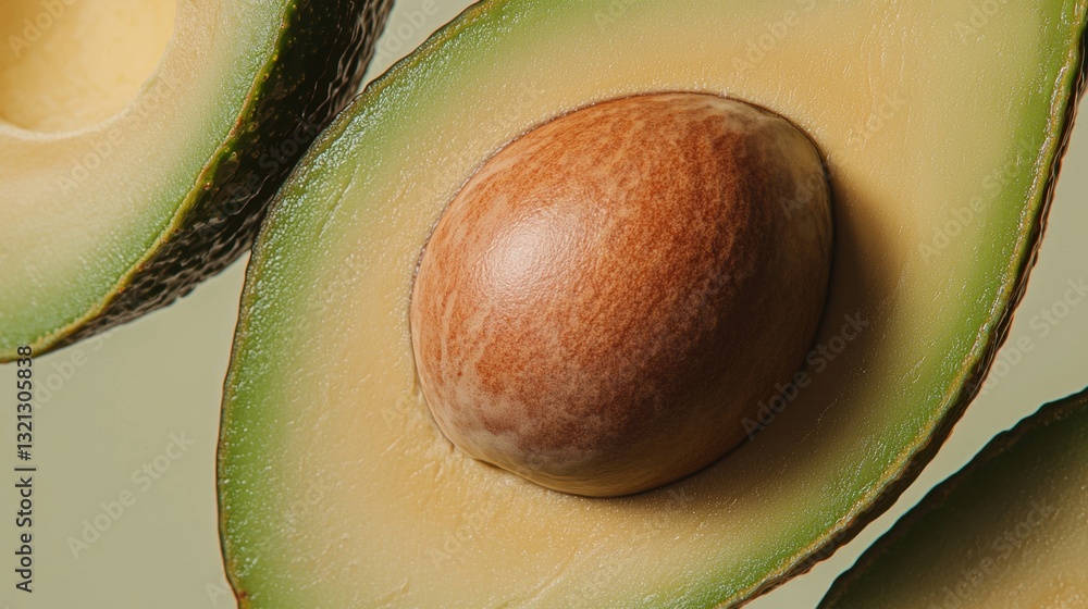 Poster close-up of an avocado cut in half. the avocado is green in color and has a smooth texture. in the c