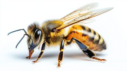 Isolated honeybee against a white background, fine details of wings and fuzz visible