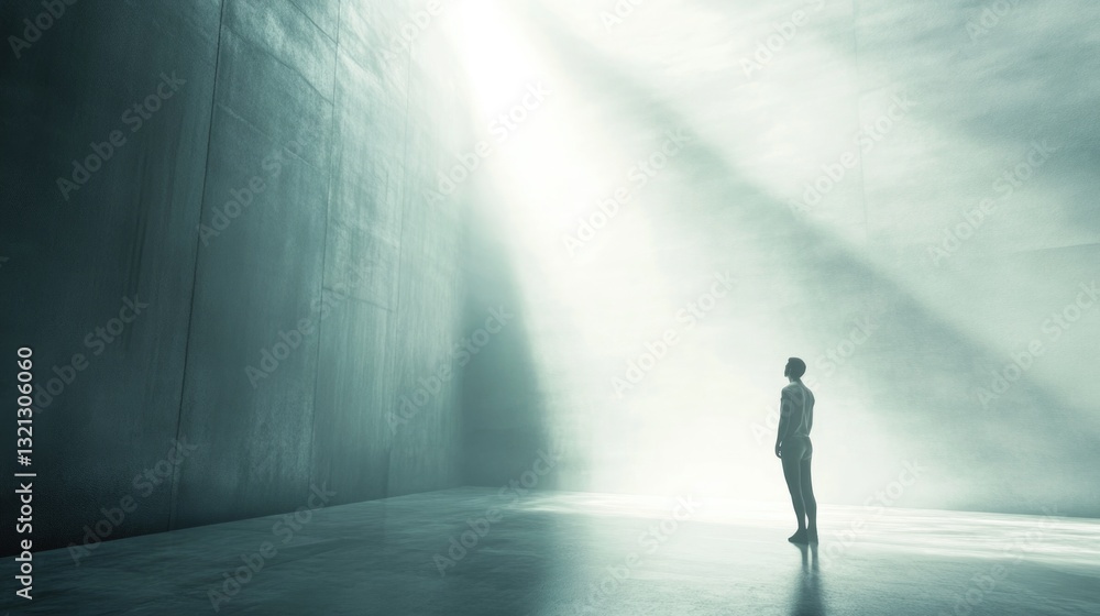 Poster a person stands in a dimly lit room with the only light coming from outside through a window