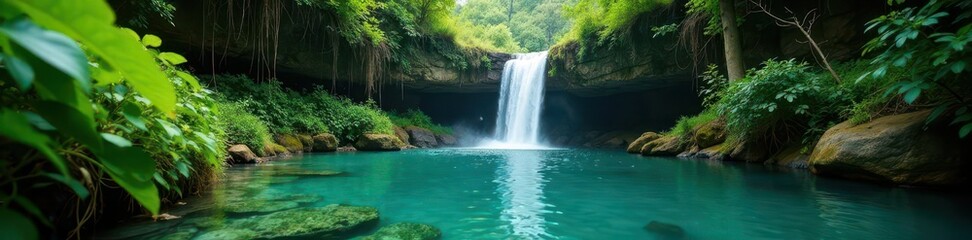 Fototapeta premium Hidden waterfall plunges into emerald pool, lush vegetation , rainforest, plants