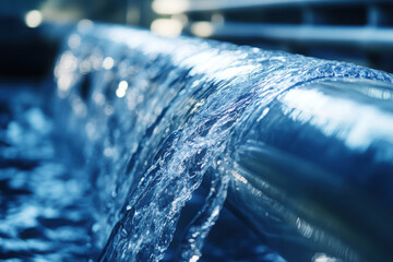 Modern water pipeline with clear flowing water, close-up