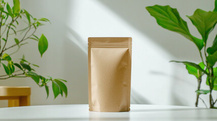 clean brown paper bag on table surrounded by green plants, creating serene atmosphere