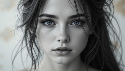Naklejka premium Monochrome Portrait of a Young Woman with Freckles