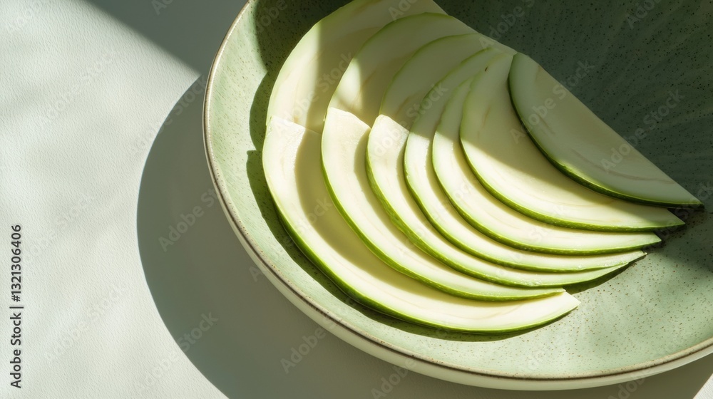 Poster plate with several slices of cucumber arranged in a circular pattern on it. the cucumber slices are 