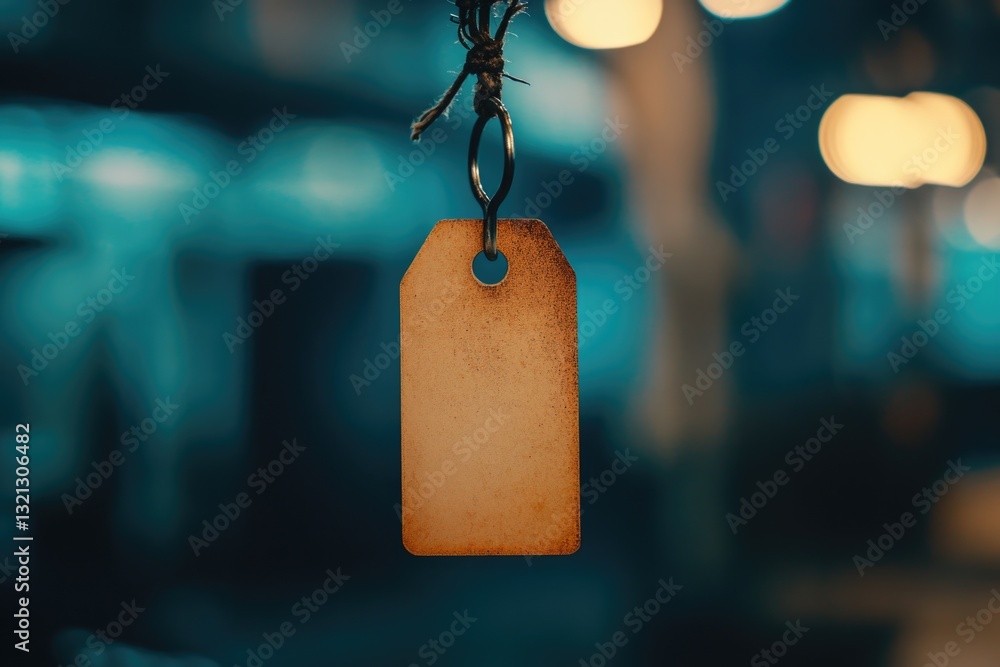 Poster a single tag suspended from a thread or cord in a room, isolated on a white background