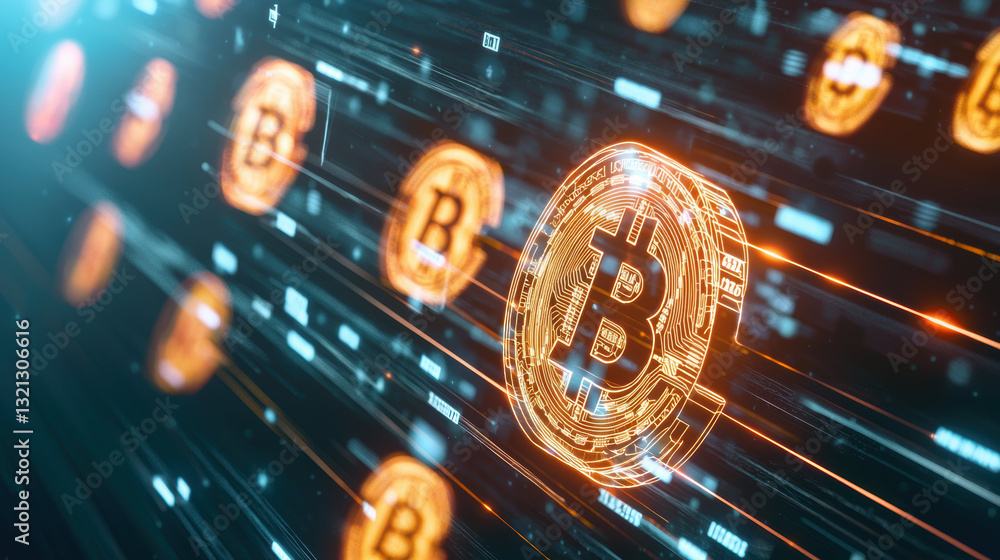 Poster digital currency symbols float in futuristic space, representing finance