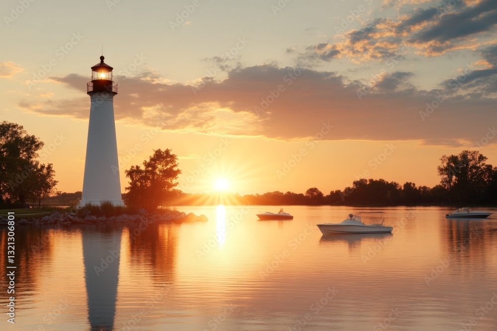 Aufkleber sunset over calm waters with lighthouse and boats creating a serene atmosphere