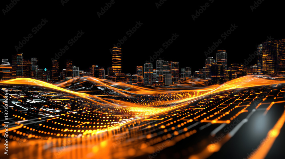 Poster vibrant abstract representation of mobile data flowing through futuristic cityscape, showcasing dyna