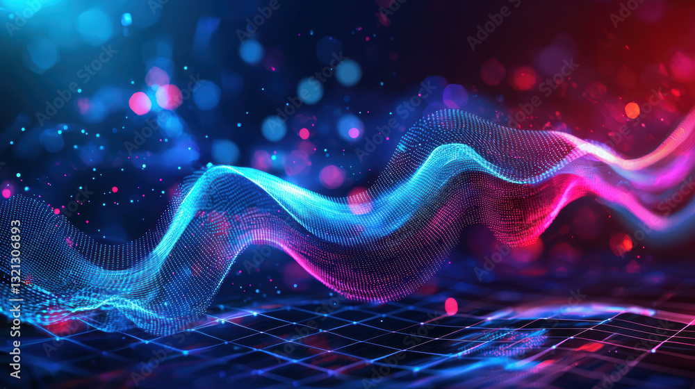 Poster abstract representation of mobile data trends with vibrant colors and dynamic waves, showcasing tech