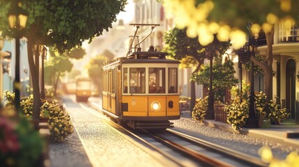 Naklejka premium Vintage Tram in Scenic Neighborhood at Sunrise with Lush Trees