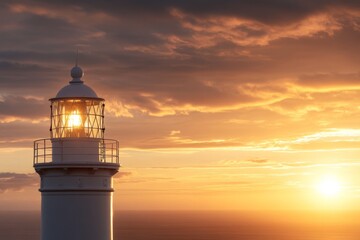 Sunset illuminating lighthouse against dramatic sky over ocean waters
