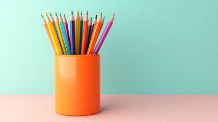 Fototapeta premium colorful pencils in pen holder isolated on a pastel background