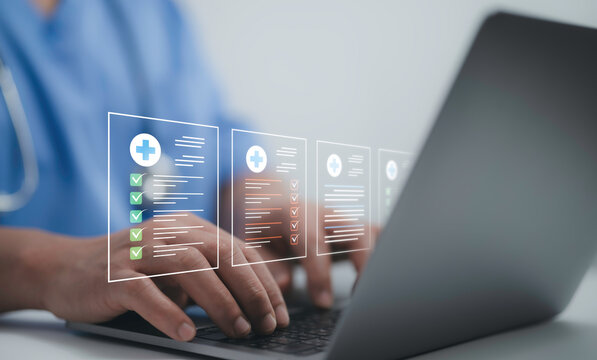 Digital medical record management system with a doctor working on a laptop. Secure and efficient healthcare data technology