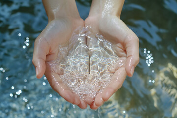 Fototapeta premium Hands gently holding pure water, close-up with soft reflections
