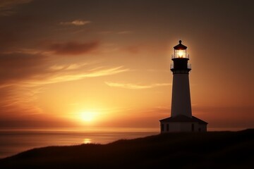 Majestic lighthouse illuminating the coastline at sunset with vibrant orange and purple sky